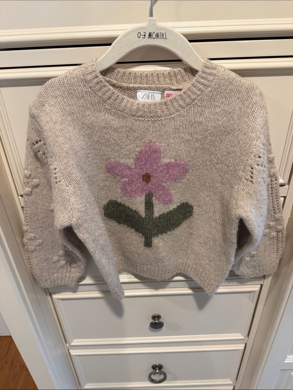 Zara Cream Knit Sweater with Pink Flower Motif
